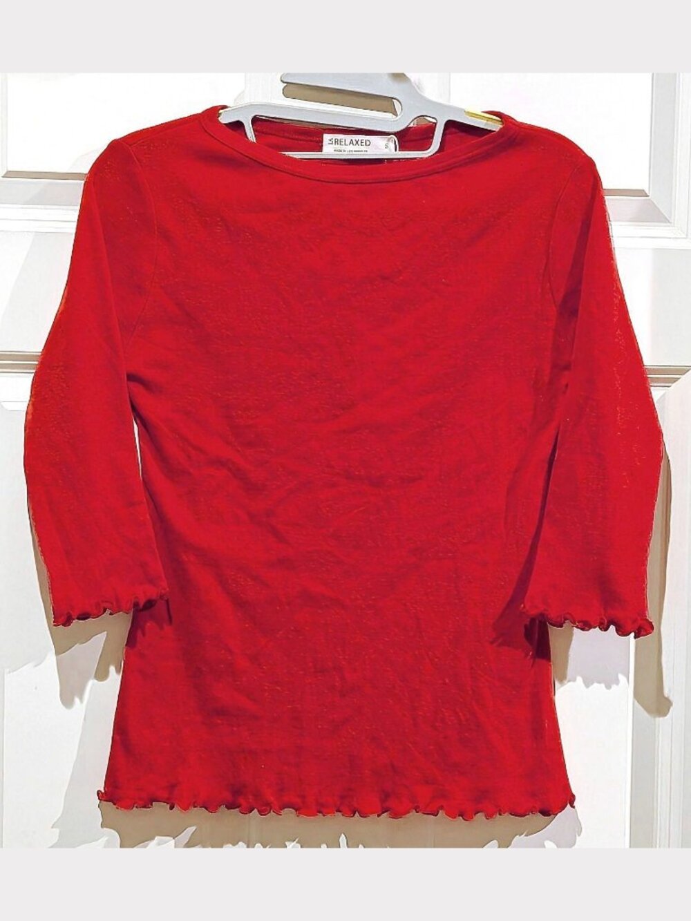 NWT LA Relaxed 100% Certified Cotton Bright Red Ruffled 3/4 Sleeve Top $48